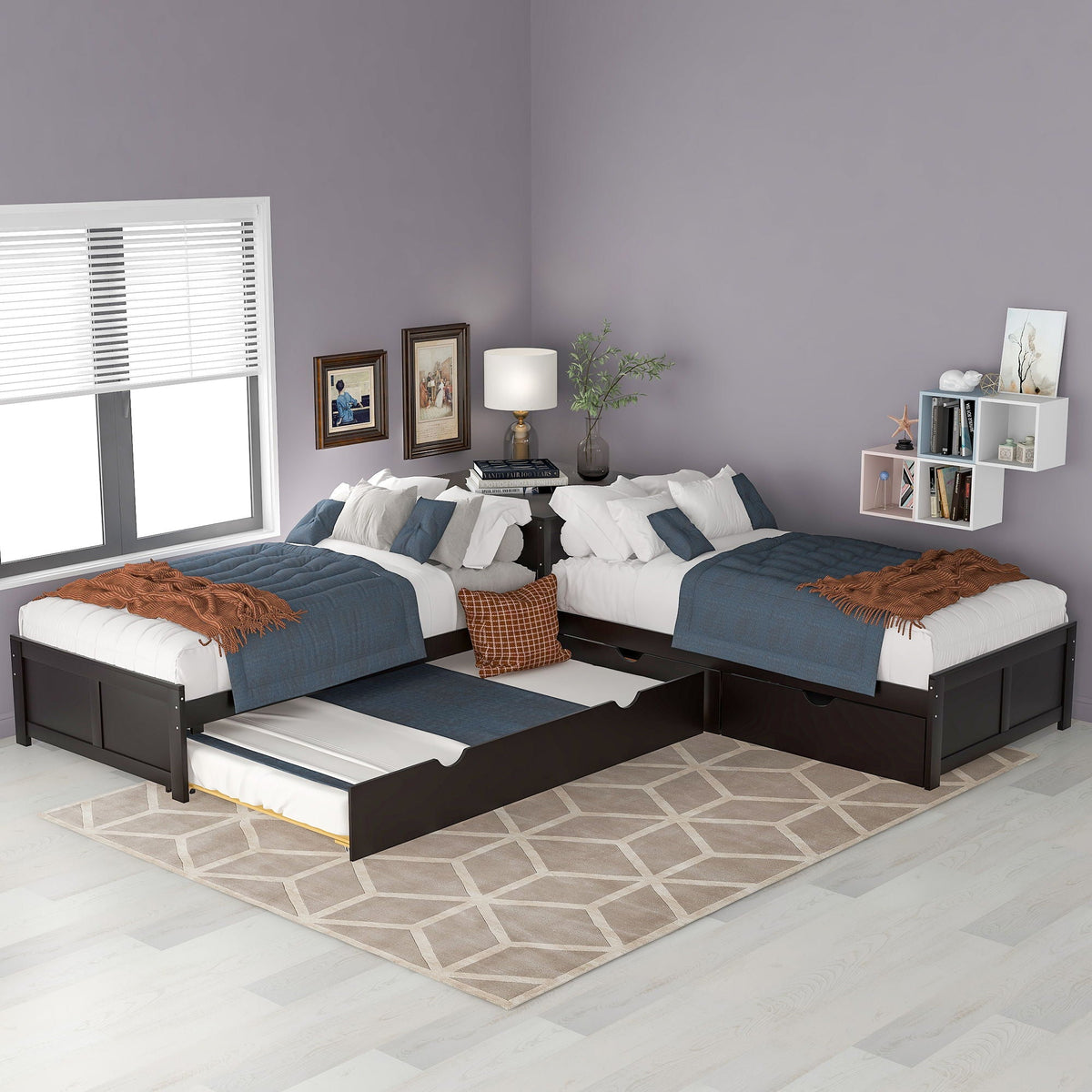 L Shaped Platform Bed With Trundle And Drawers Linked With Built In Desk, photo 17 of 21