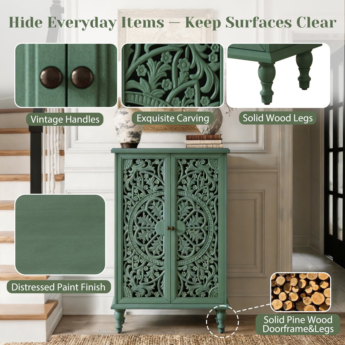 Tall Accent Cabinet with Doors & Storage, Farmhouse Hollow Carved Double Door Display Cabinet with Adjustable Shelf & Turned Legs, Freestanding Decorative Cabinet for Entryway Living Room, photo 8 of 10