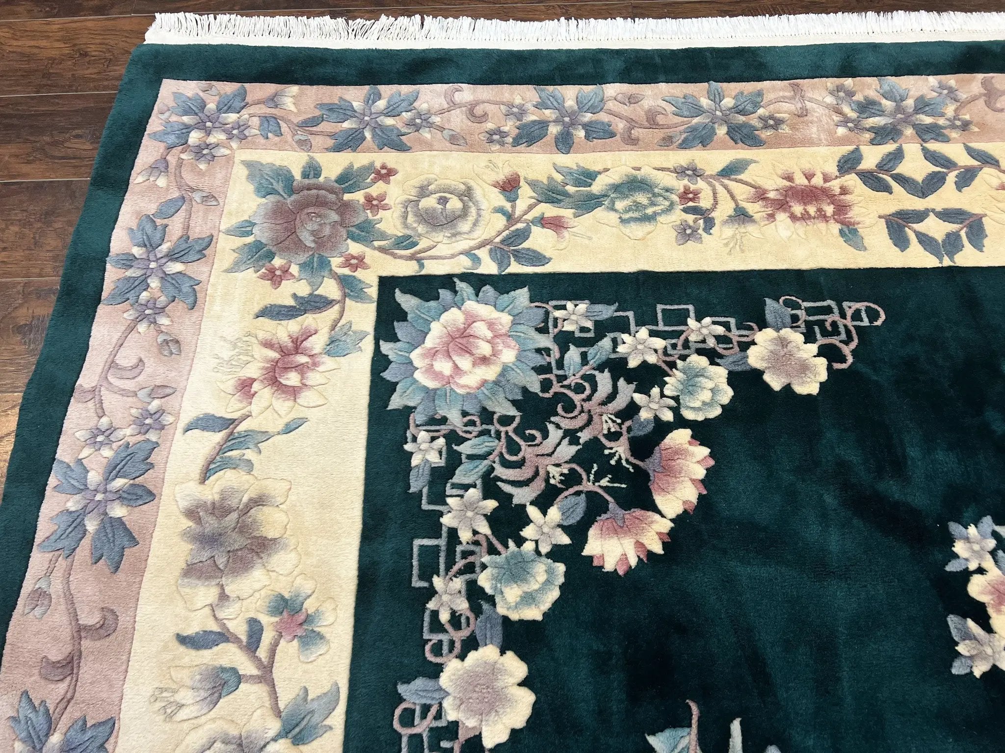 Chinese Art Deco Rug 9x12, Wool Hand Knotted Vintage Carpet, Dark Green & Cream, 90 Line Carving Rug by Jewel Rugs