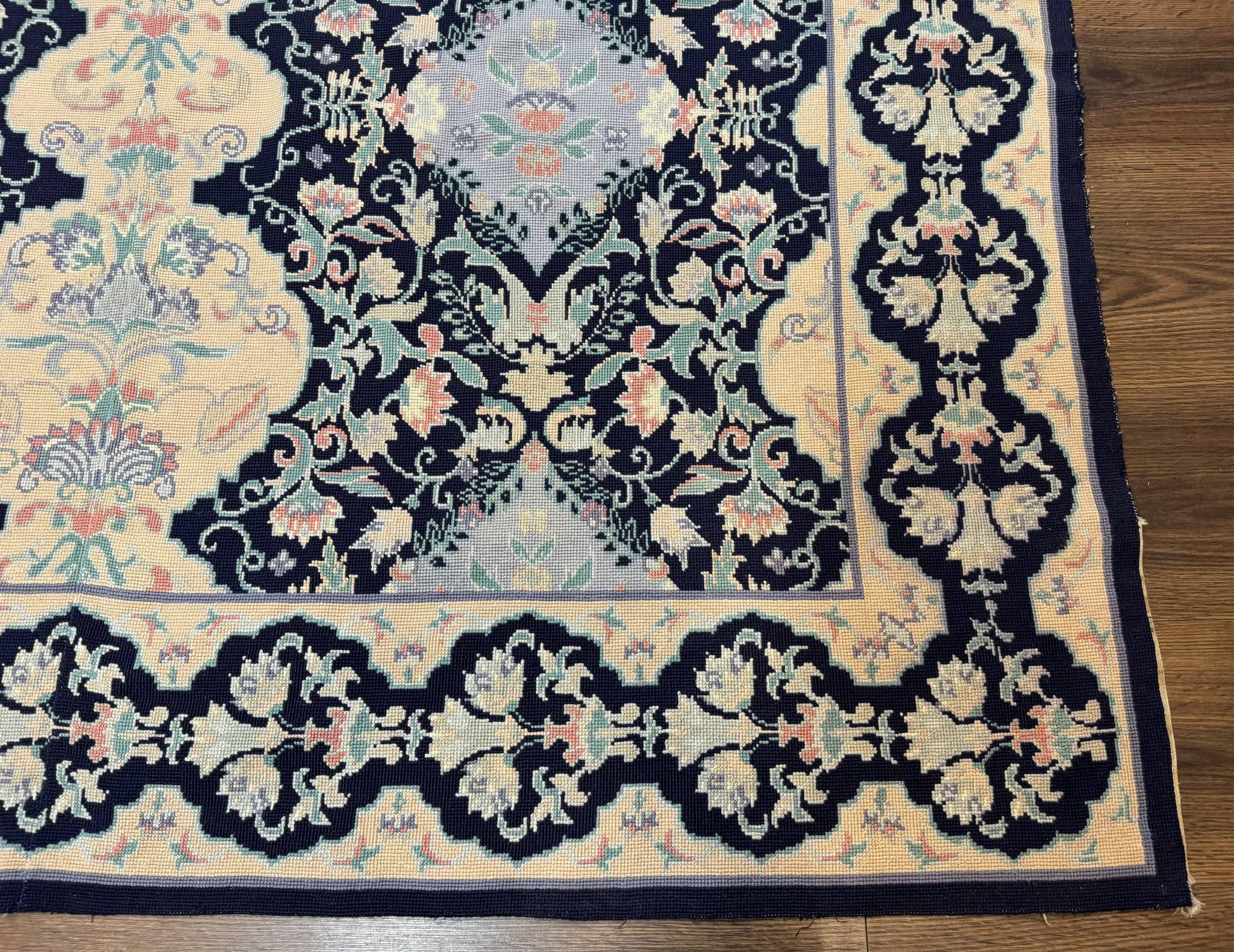 Needlepoint Rug 6x9, Ivory and Navy Blue by Jewel Rugs