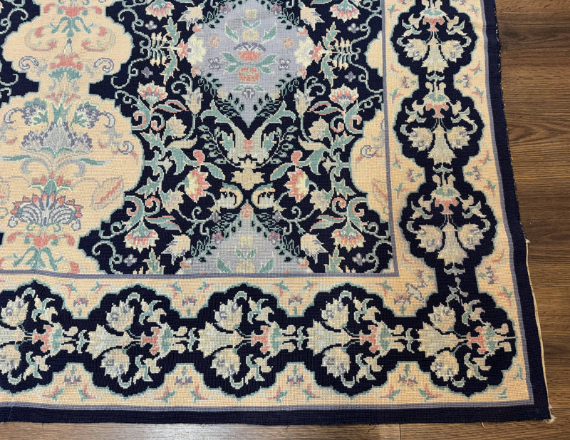 Needlepoint Rug 6x9, Ivory and Navy Blue by Jewel Rugs