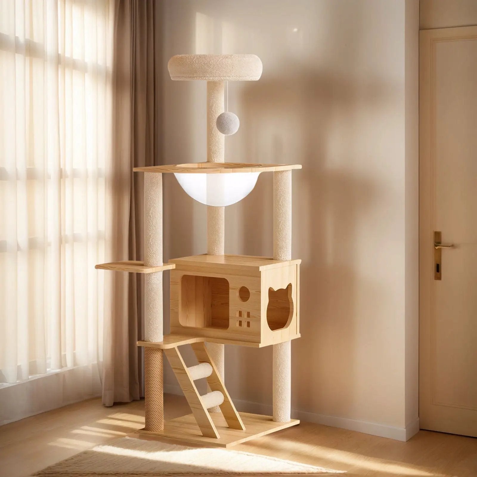 Modern Cat Tower, Wood Cat Tree Tower For Indoor Cats, Cat Tree With Sisal Covered Scratching Posts And Top Perch - Natural / White by HouseOfZazla