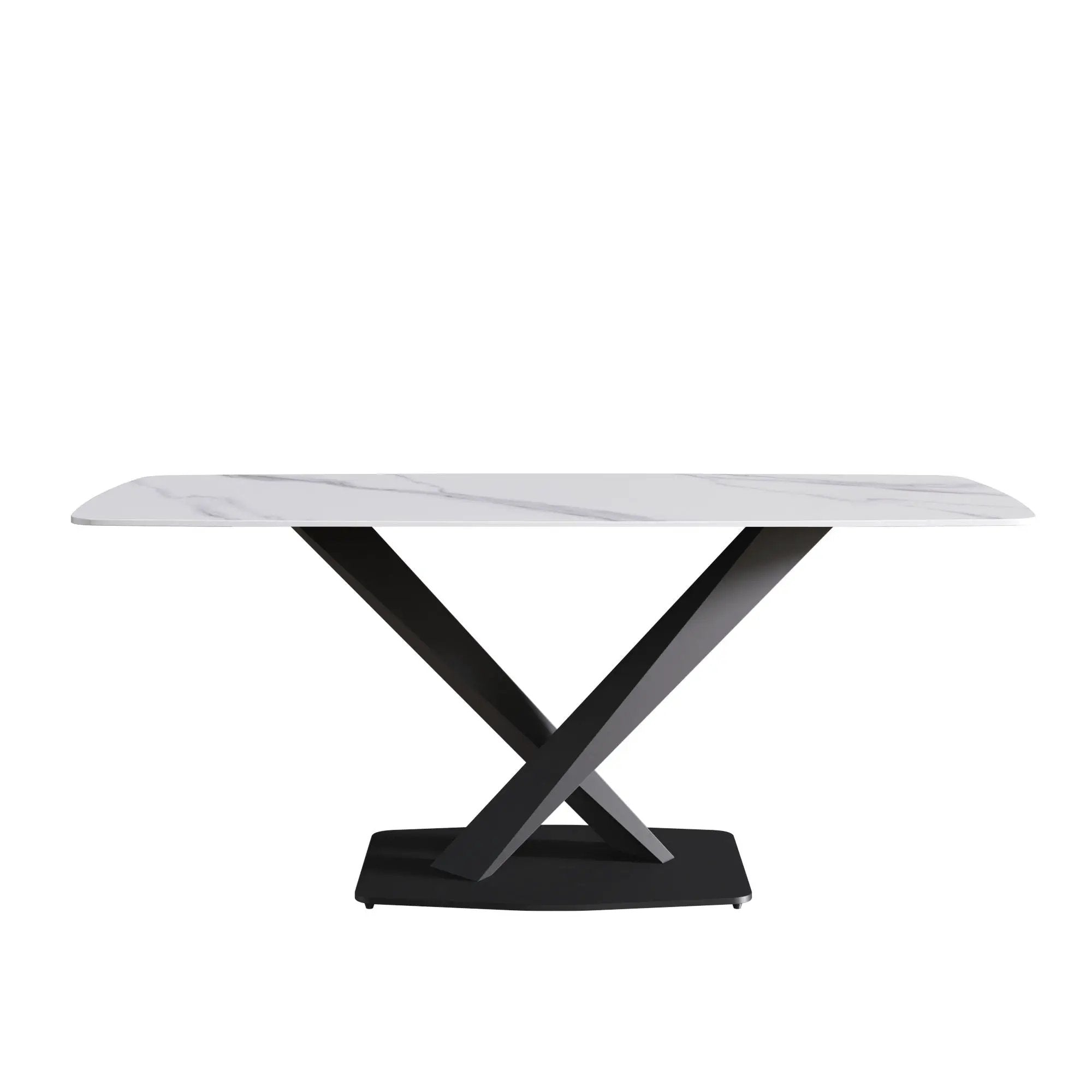 70.87" Modern Artificial Stone White Curved Black Metal Leg Dining Table, Can Accommodate 6-8 People - White / Black by HouseOfZazla