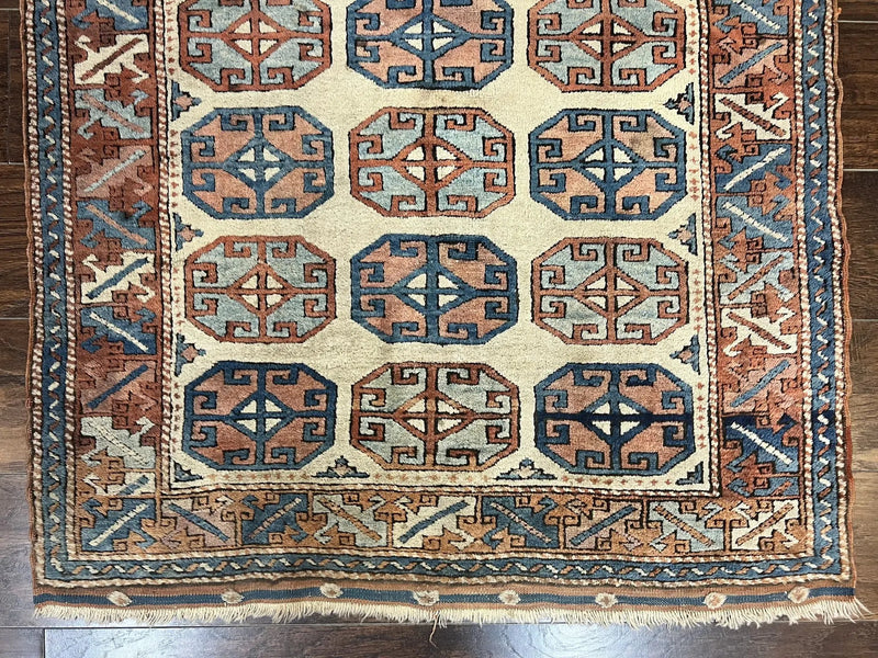 Turkish Kazak Rug 3x4, Wool Hand Knotted Handmade Vintage Carpet, Geometric Tribal Repeated Motif, Small 3 x 4 Antique Rug, Cream Red by Jewel Rugs