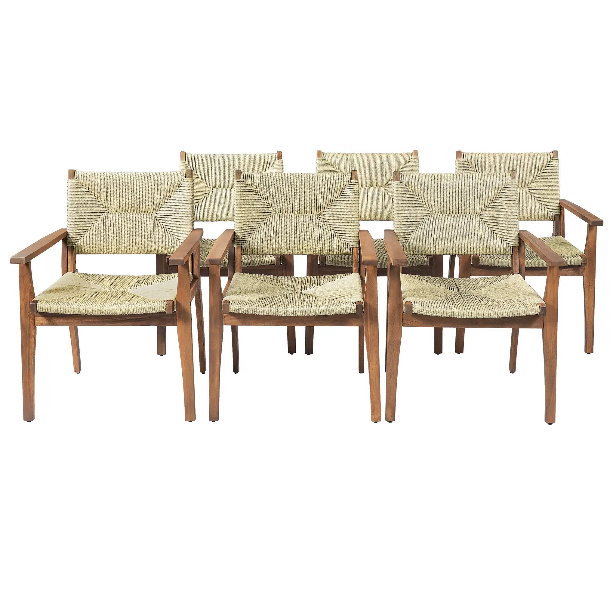 5-Piece Outdoor Dining Set: Teak Finish Round Acacia Wood Table & 4 Wicker Armchairs by HouseOfZazla