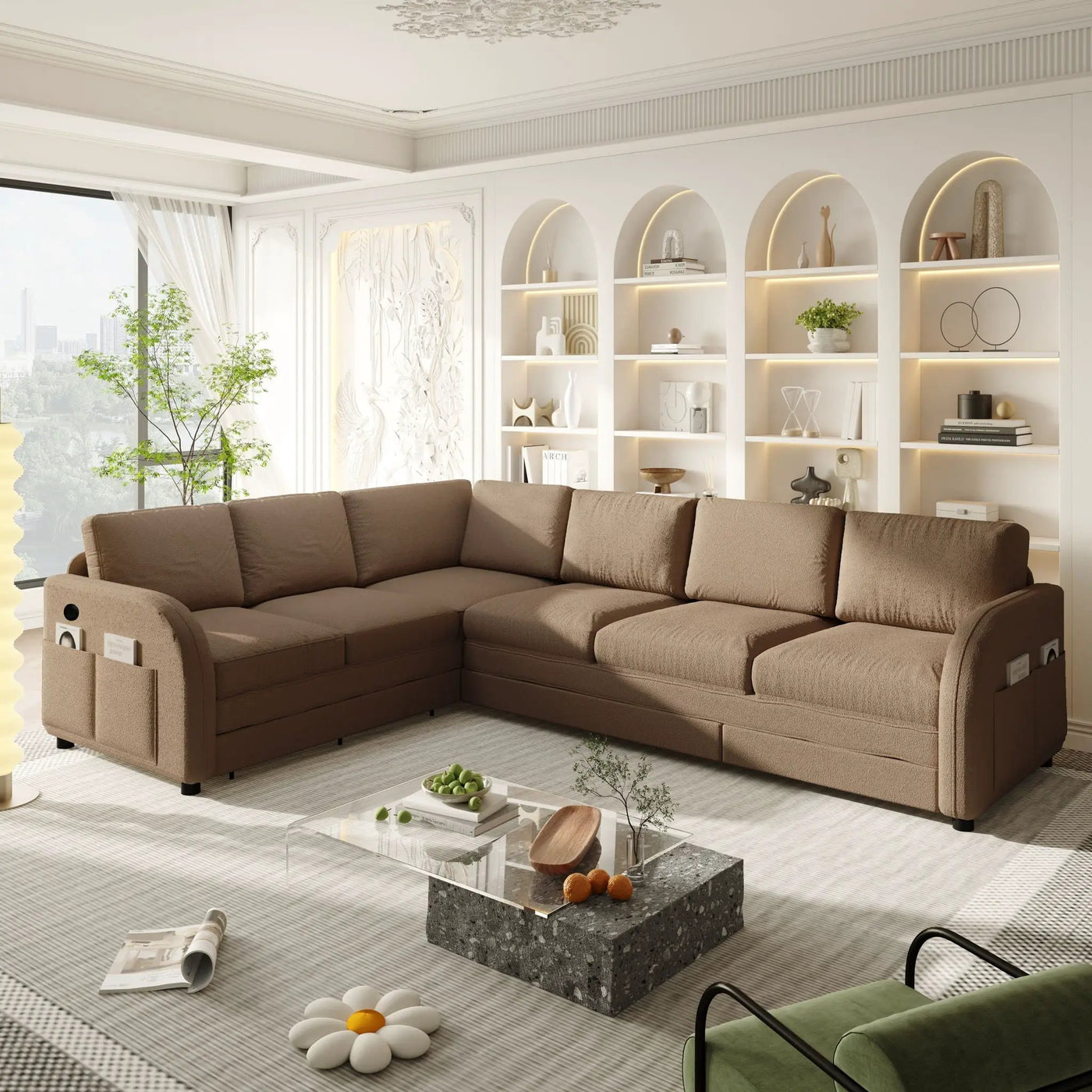 L-Shaped Couch With Pull-Out Bed, Convertible Sleeper Sofa With Side Pocket & USB Port by HouseOfZazla