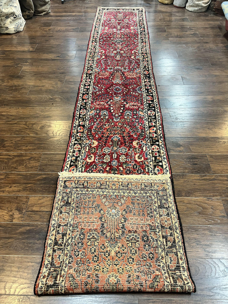 Antique Persian Runner Rug 2.9 x 17, Rare Sarouk Runner, Handmade Wool Rug for Hallway, Red, Floral by Jewel Rugs