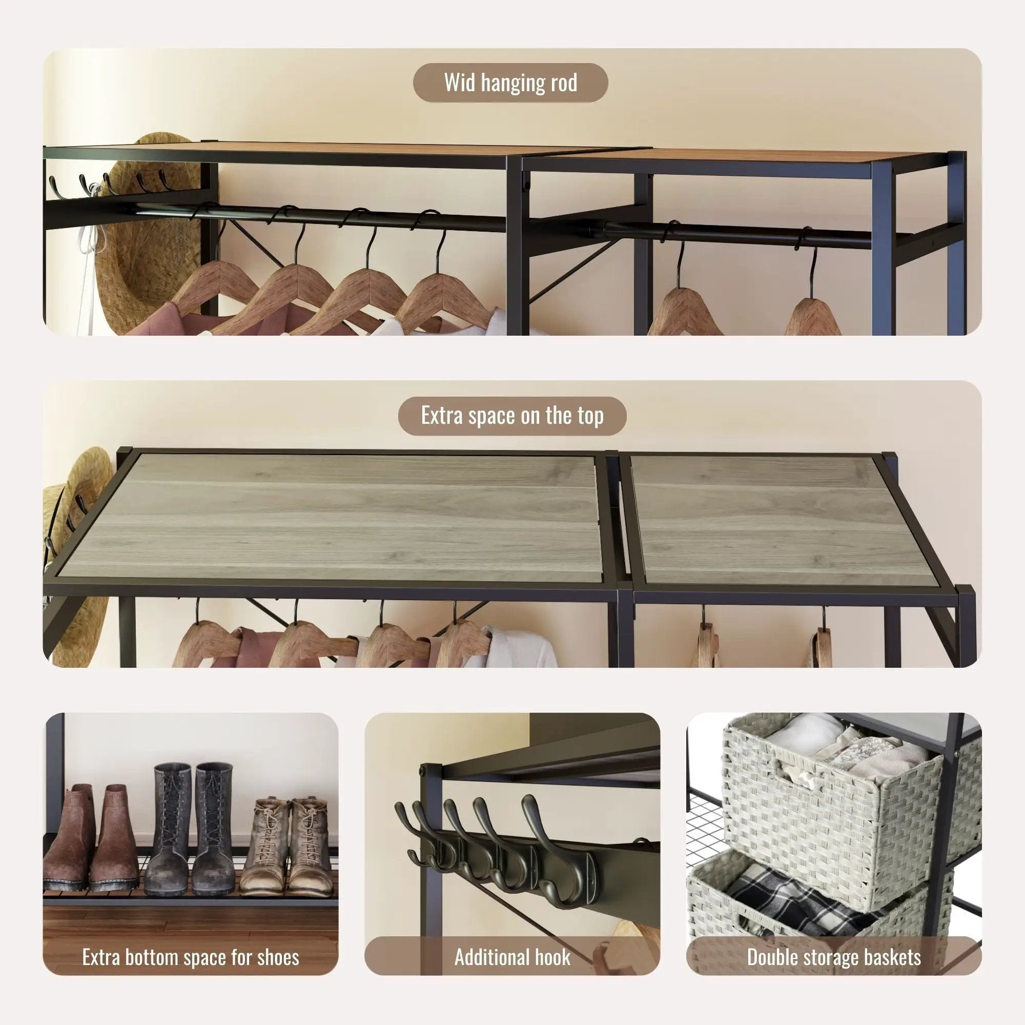 Garment Rack With Shelves, 2 Wicker Drawers, 4 Hooks, Organizer by Unique Piece Furniture