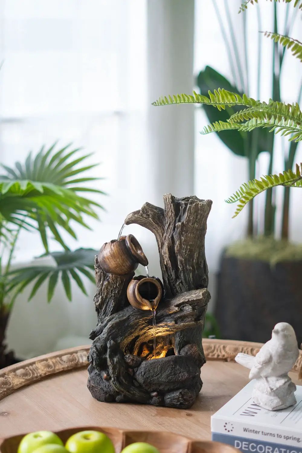 Decorative 4 Tier Broken Pot Water Fountain With LED Light - Brown by Unique Piece Furniture