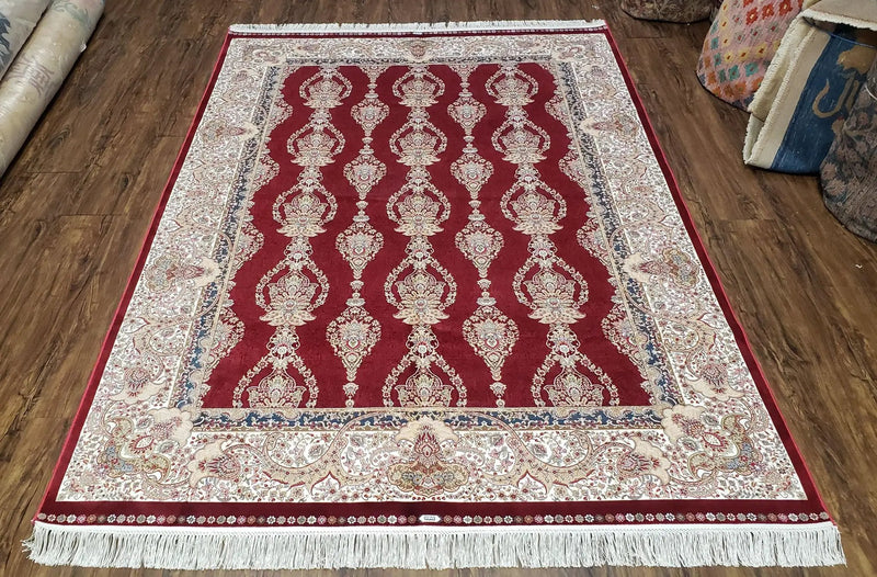 Dark Red Silk Carpet 5.3 x 7.6 ft, 5x8 Silk Rug, New Turkish Silk Carpet, Mint Condition, Beige & Red Area Rug, Bamboo Silk, High Quality by Jewel Rugs