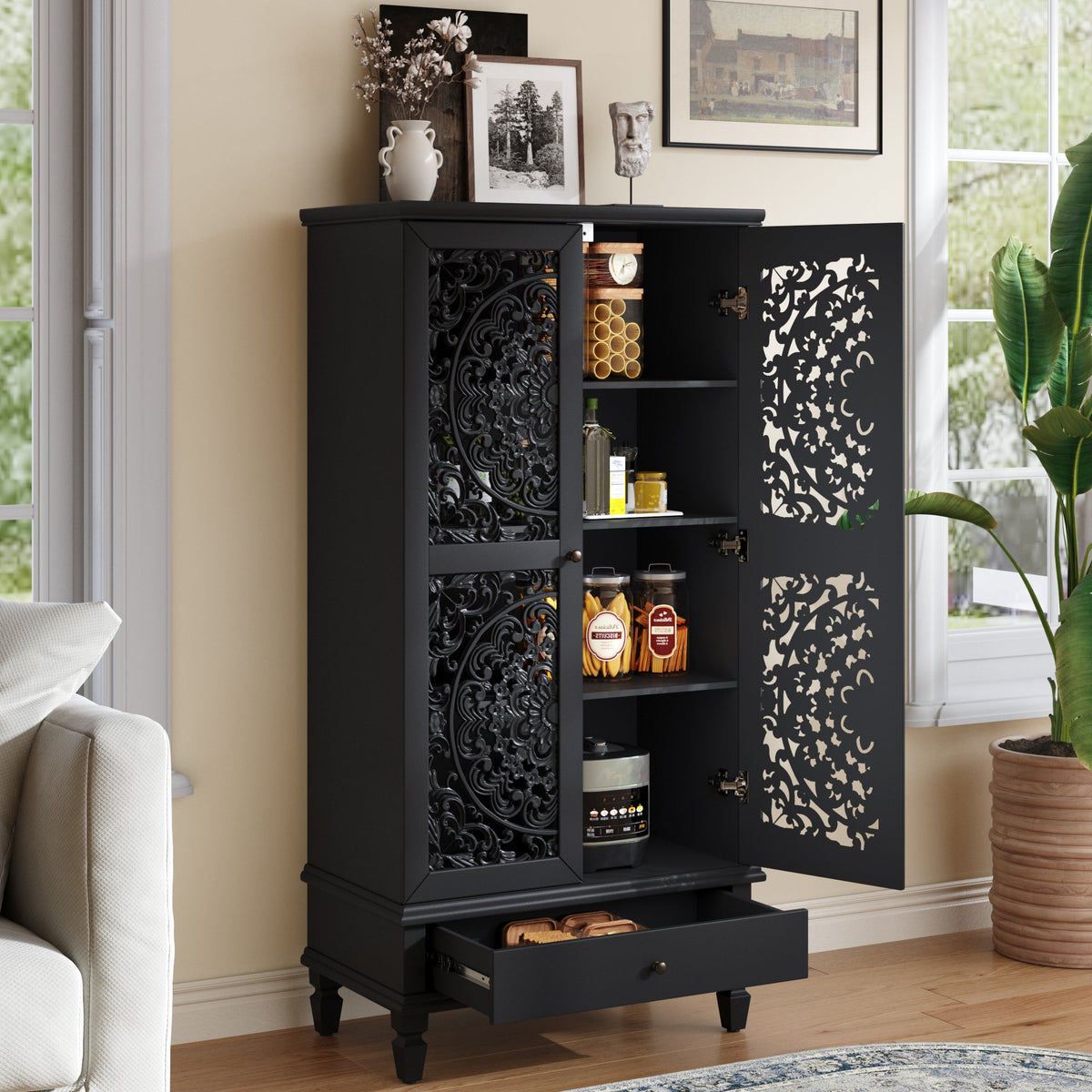 Rustic 55'' Tall Storage Cabinet with Drawer, Decorative 2-Door Carved Wood Accent Cabinet with Solid Wood Legs for Living Room, Hallway, Dining Room