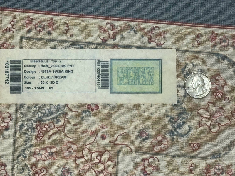 Turkish Silk Hunting Scene Rug 2.6 x 5, Dark Steel Blue & Ivory, Bamboo Silk, New by Jewel Rugs