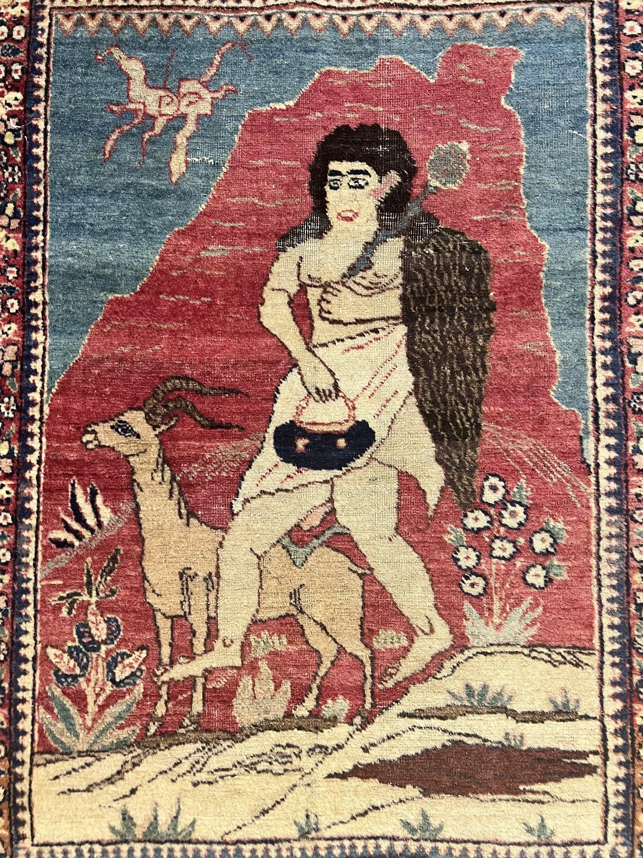 Antique Persian Kirman Rug 2 x 2.5, Small Hand Knotted Wool Carpet, Lavar Rug, Shepherd with Ram Pictorial Rug #1 by Jewel Rugs