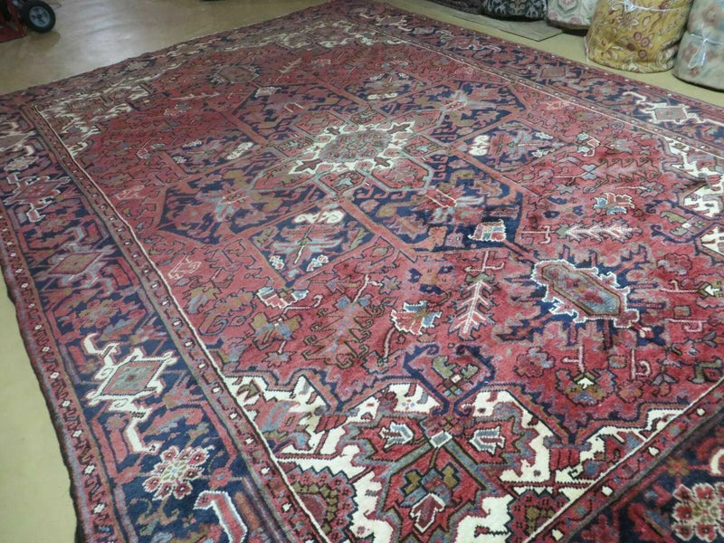 Persian Rug 8x11 Room Sized Heriz Carpet, Hand Knotted Wool Rug, Vintage Semi Antique, Geometric Medallion, Wine Red Cream Dark Blue, Wow by Jewel Rugs