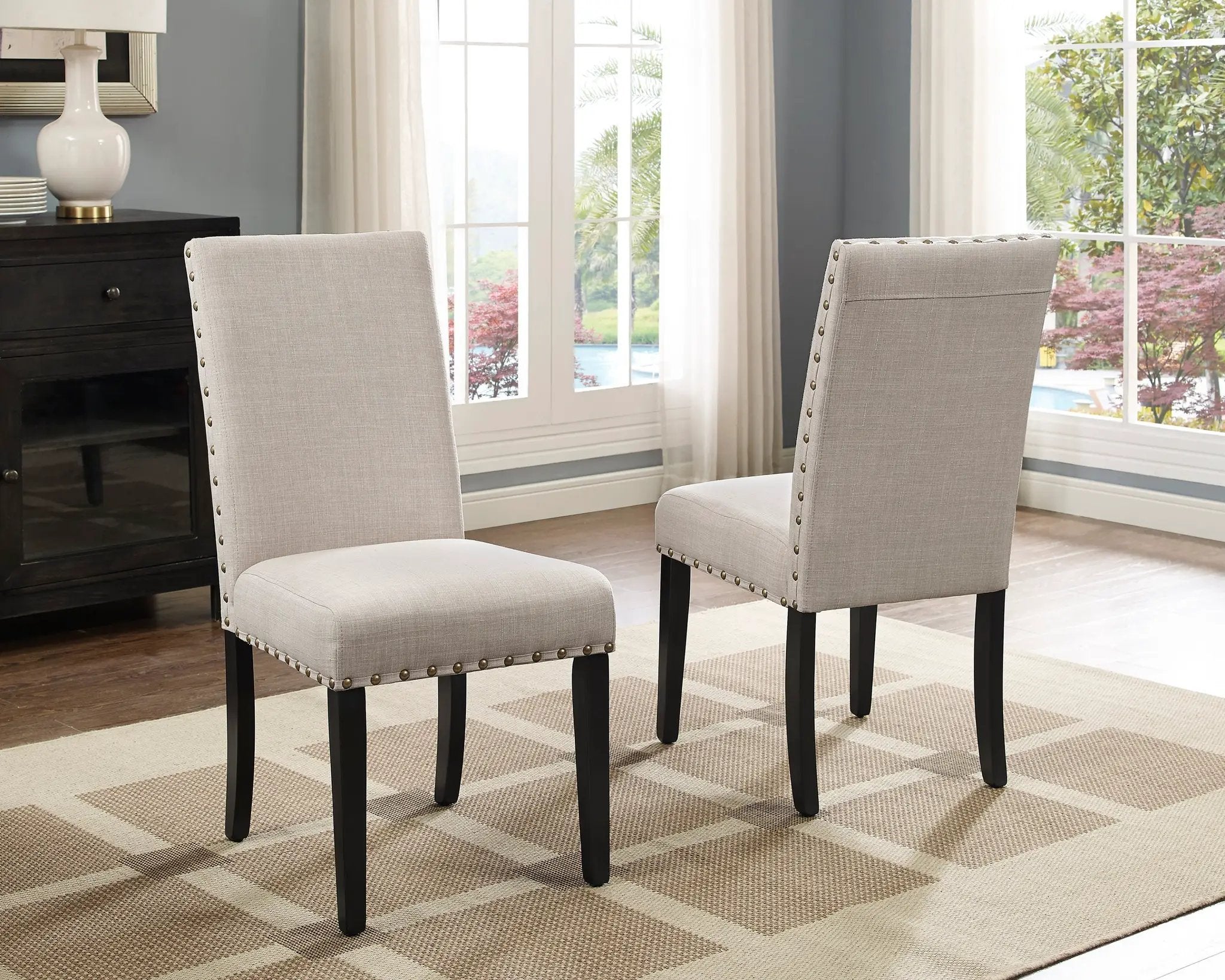 Biony Espresso Wood Dining Set with Tan Fabric Nailhead Chairs by HouseOfZazla