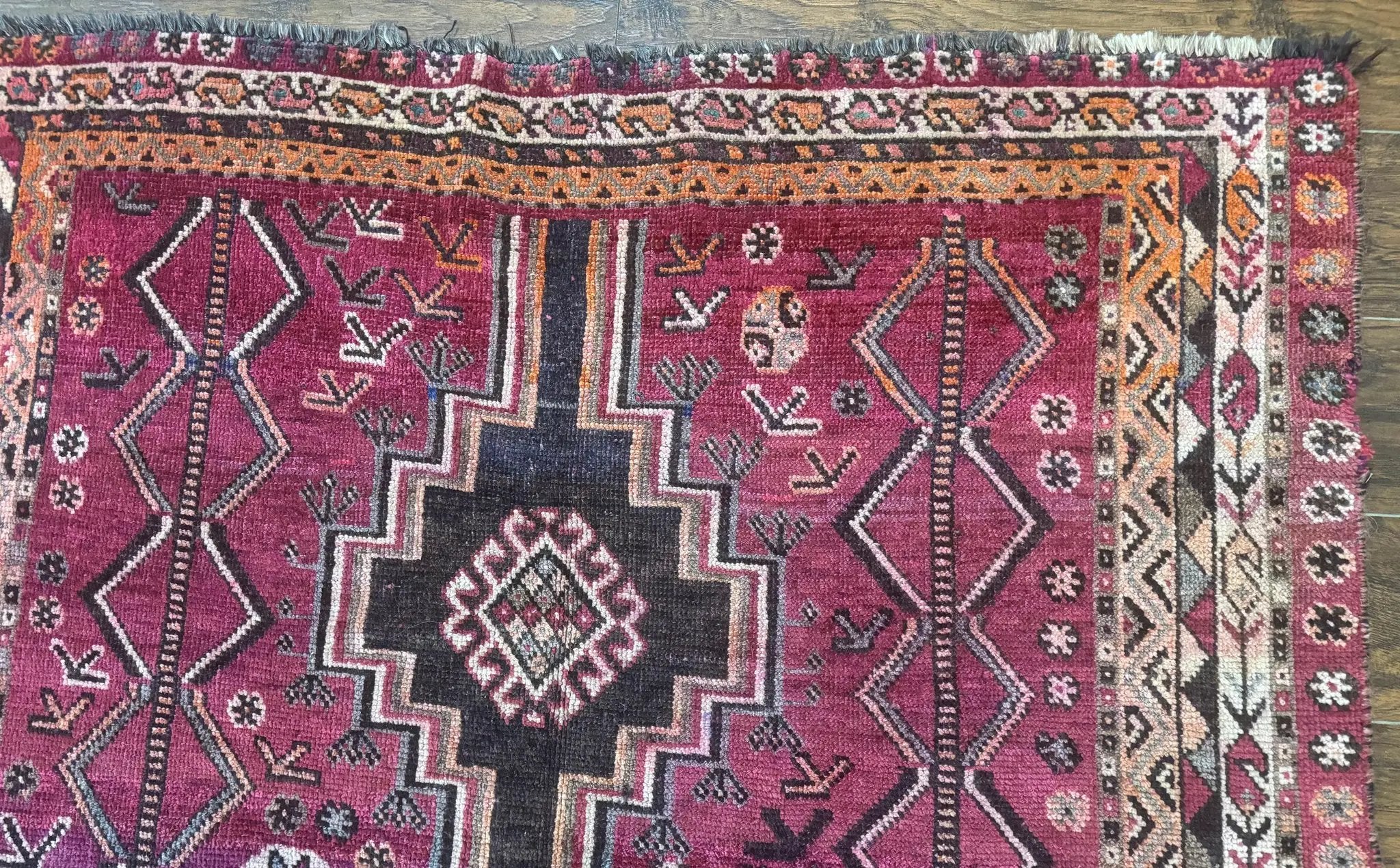 Persian Tribal Shiraz Rug 5x8, Geometric, Raspberry Red and Charcoal, Antique Persian Carpet by Jewel Rugs
