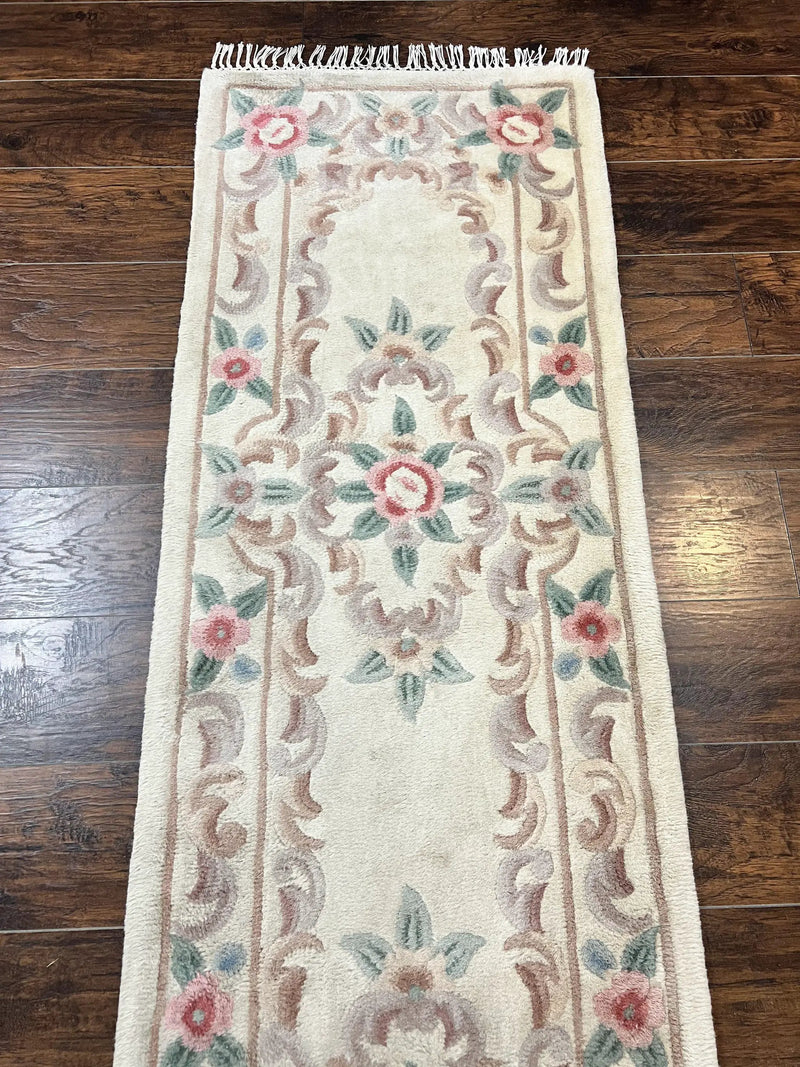 Chinese Aubusson Runner Rug 2.4 x 11, Hand Tufted Beige Floral European Design Hallway Rug, Elegant Rug, Vintage Wool Rug 11ft Long by Jewel Rugs
