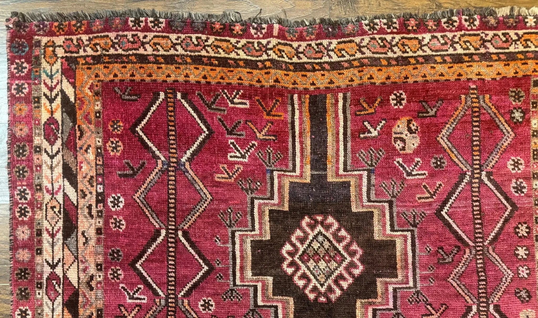 Persian Tribal Shiraz Rug 5x8, Geometric, Raspberry Red and Charcoal, Antique Persian Carpet by Jewel Rugs