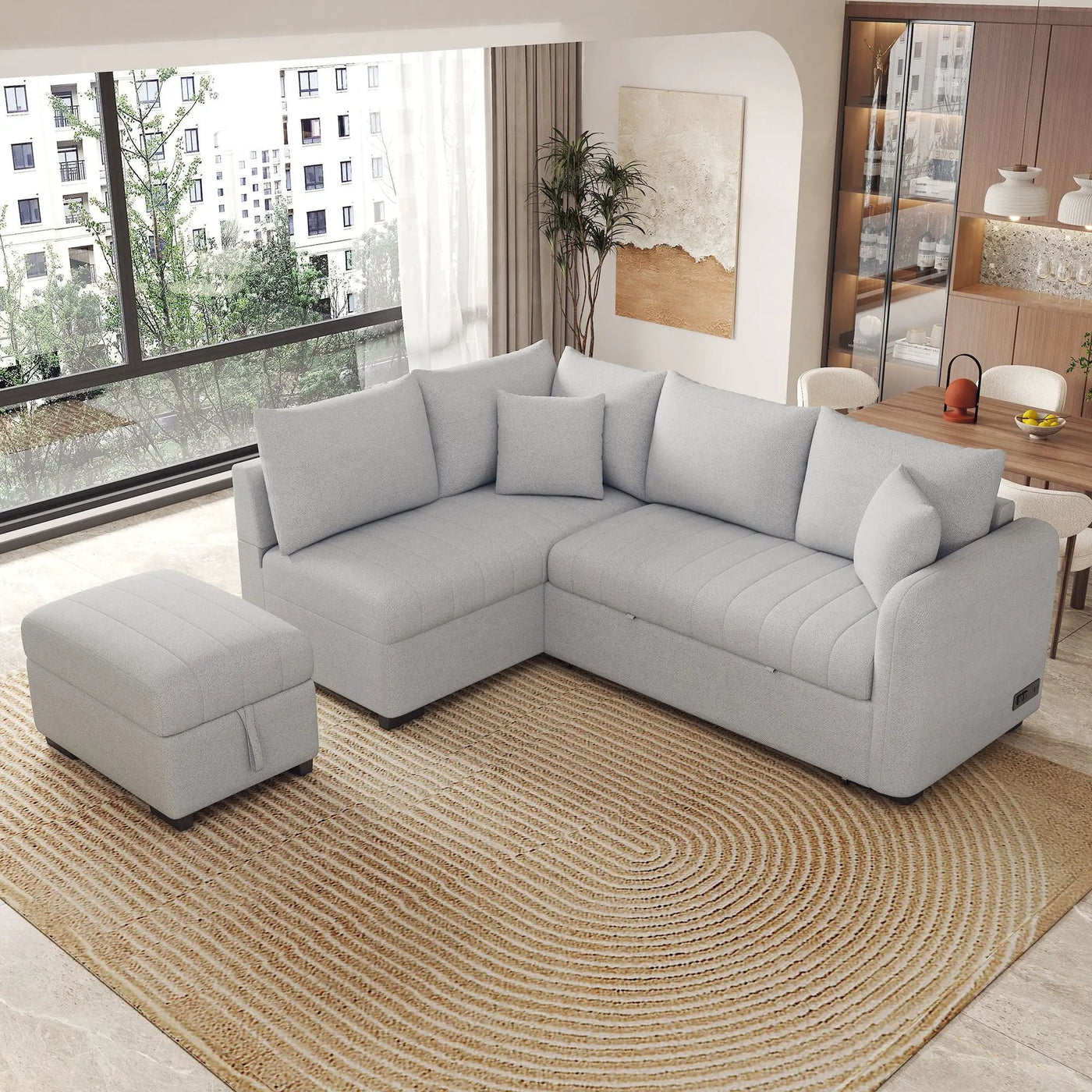 L-Shaped Sectional Pull Out Sofa Bed Sleeper Sofa With Two USB Ports, Two Power Sockets And A Movable Storage Ottoman by Unique Piece Furniture
