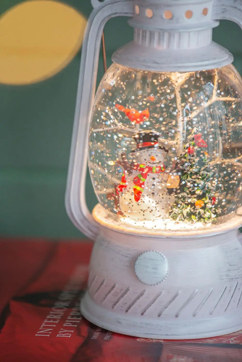 Christmas Plastic / Resin Lantern With Snowman & Tree LED / Water Spinning / 6 Hours Timer, 3*AA Batteries Required - White / Multi by HouseOfZazla