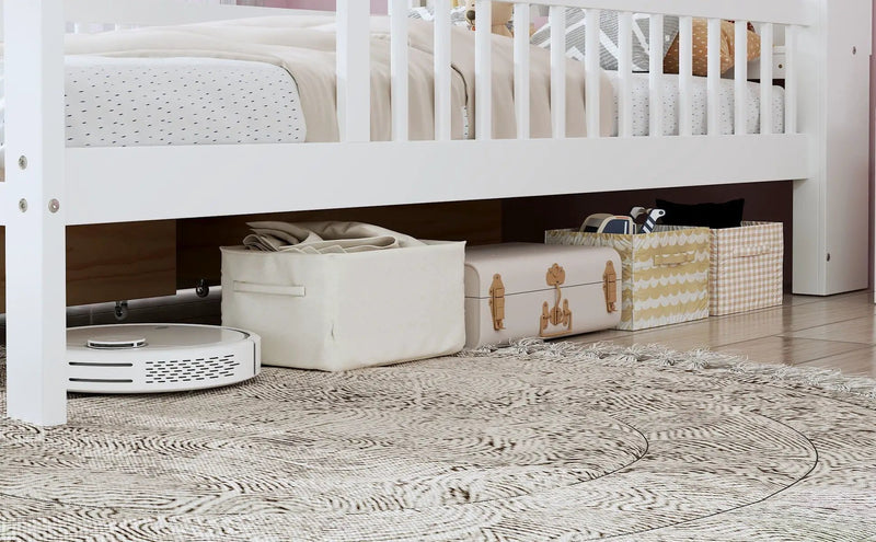 Bed With Headboard Storage Rack, 2 Under Bed Drawers, 3 Side Guardrails For Safety by HouseOfZazla