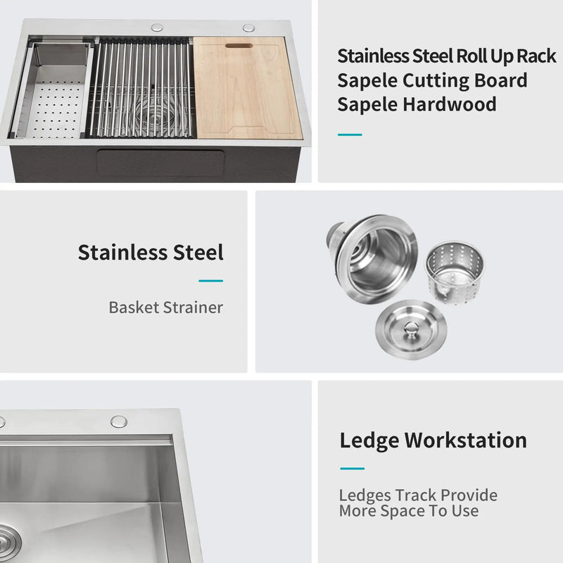 Drop In Kitchen Sink With Workstation, 16 Gauge - Brushed Nickel by HouseOfZazla