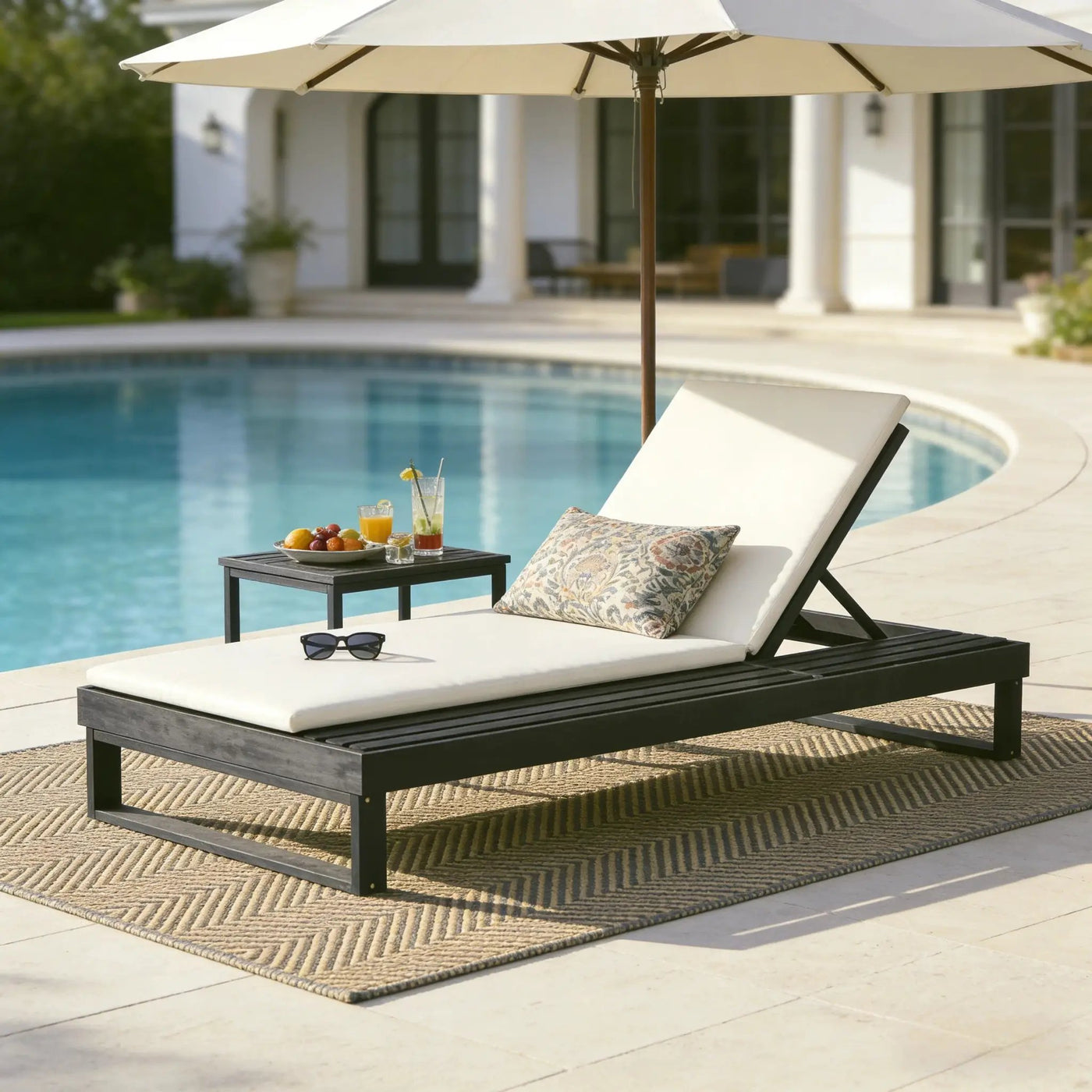 Black Acacia Wood Chaise Lounge with 1.57-Inch Cushions by HouseOfZazla