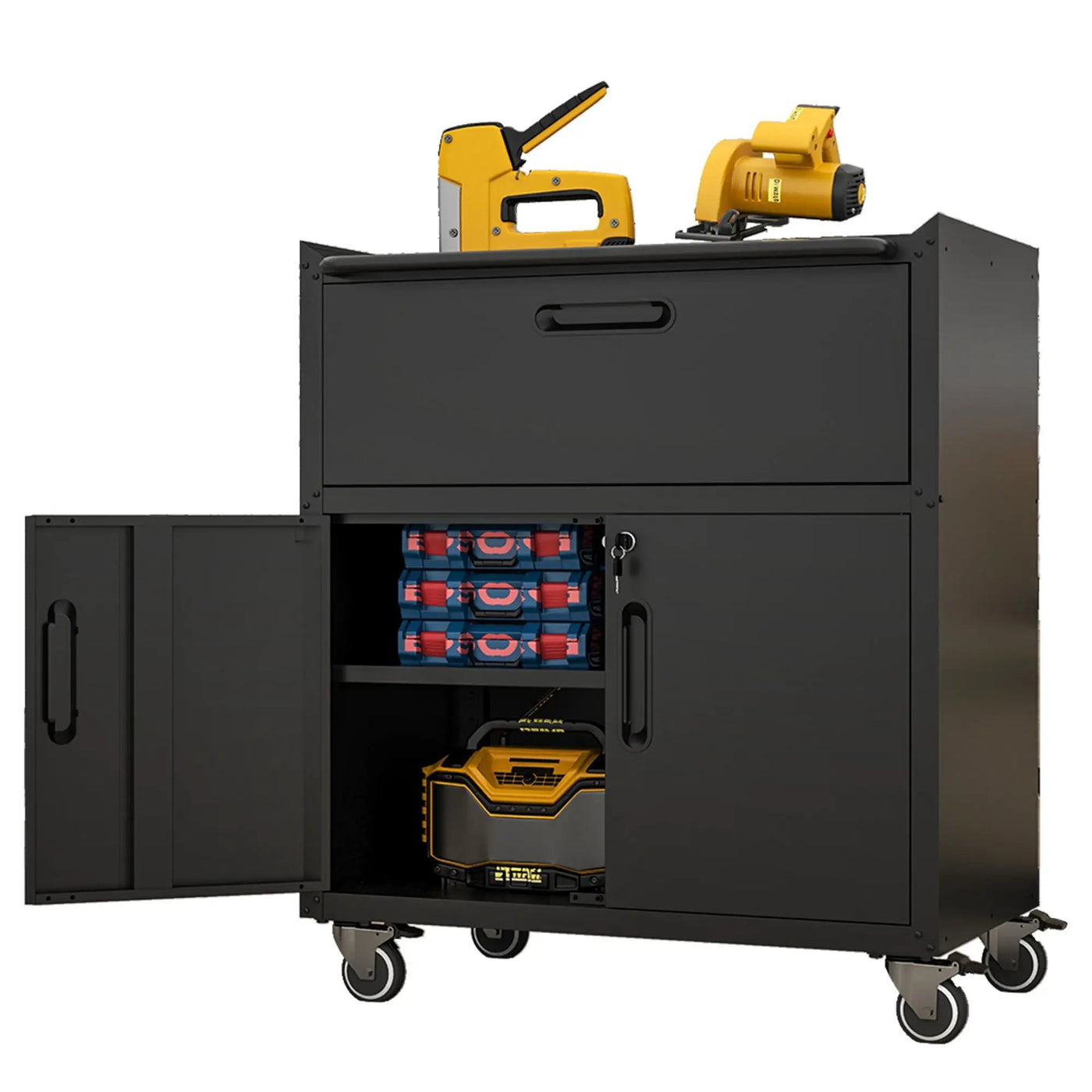 Sturdy And Durable Metal Tool Cabinet For Garage With Wheels Mobile Heavy Duty Storage Cabinet With 1 Drawer And 2 Locking Doors by HouseOfZazla