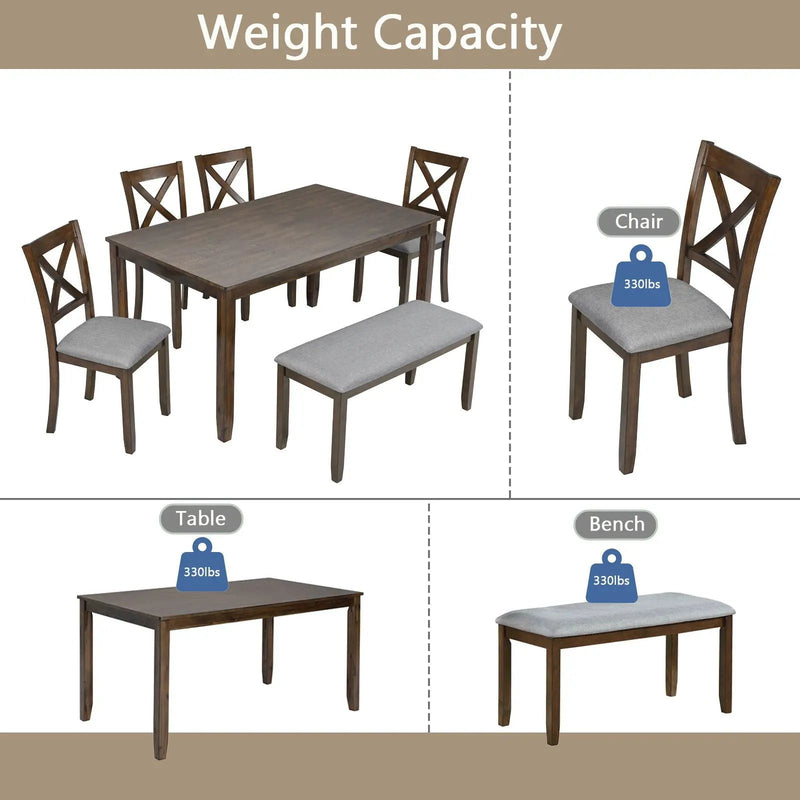 6 Pieces Kitchen Dining Set, Rectangular Wooden Dining Table With 4 Chairs And A Bench by HouseOfZazla