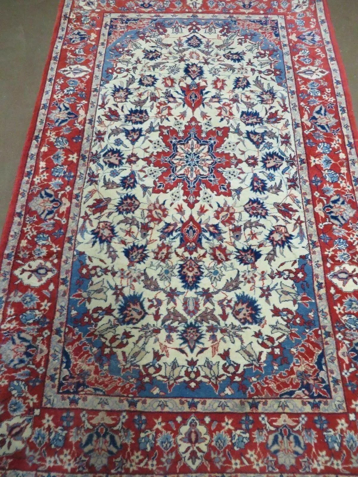 3' X 5' Vintage Handmade Authentic Oriental Floral Medallion Fine Wool Rug Beige Red and Blue Top Quality Veg Dyes by Jewel Rugs