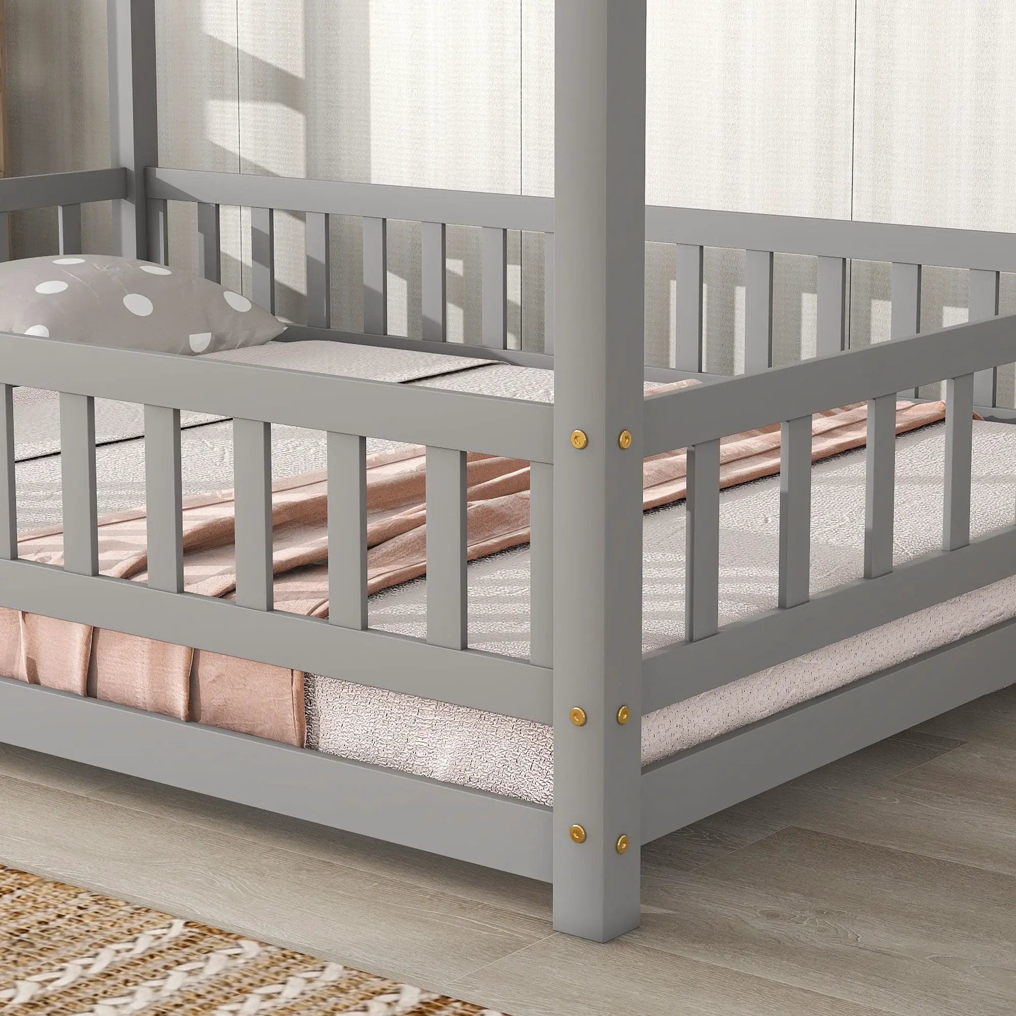 Floor Wooden Bed With House Roof Frame, Fence Guardrails by Unique Piece Furniture