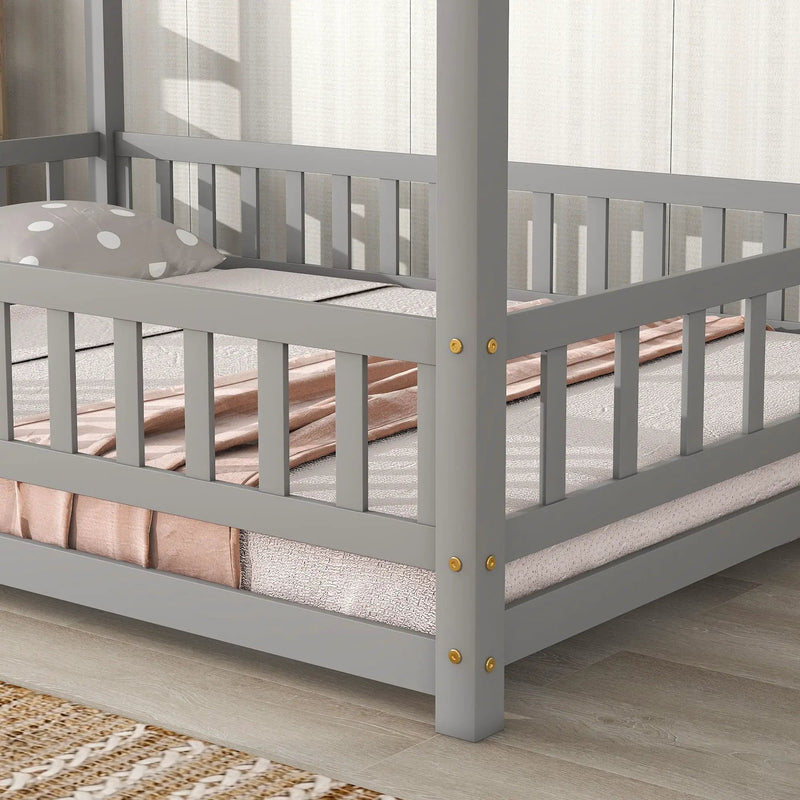 Floor Wooden Bed With House Roof Frame, Fence Guardrails by Unique Piece Furniture