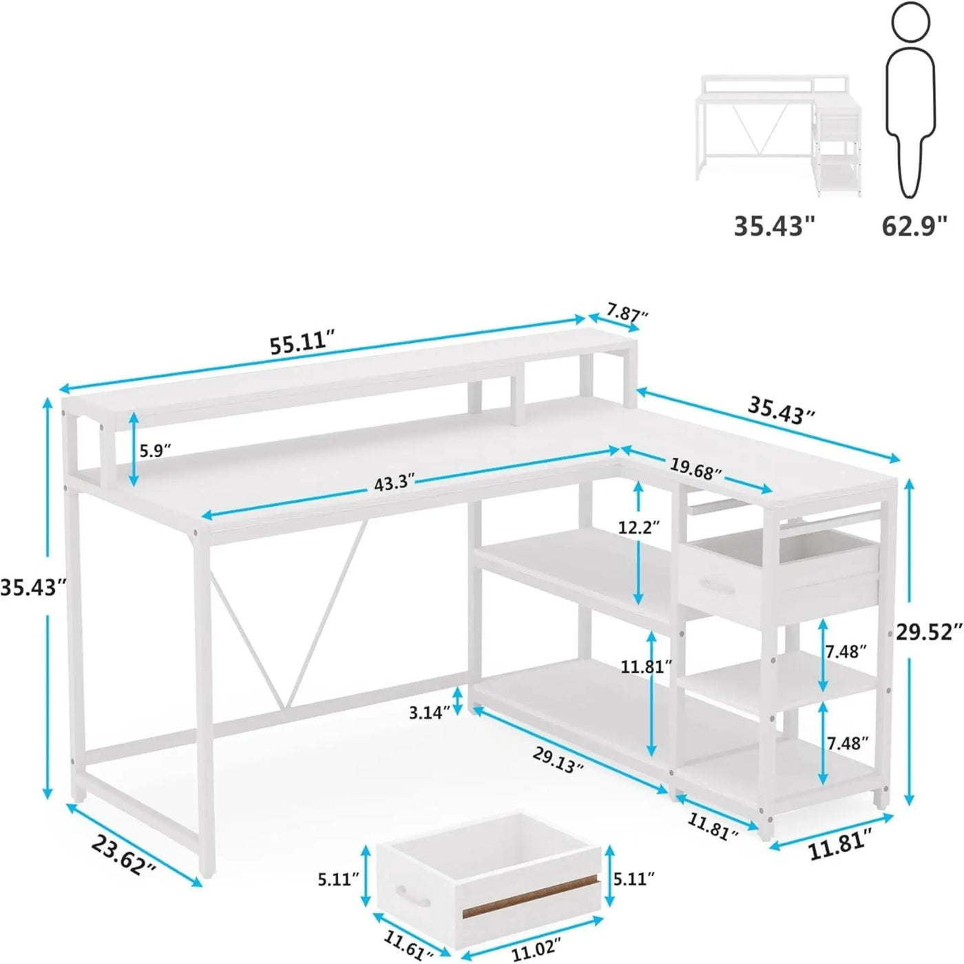 L-Shaped Home Office Desk With Monitor Riser, Drawers, And Storage Shelves by HouseOfZazla