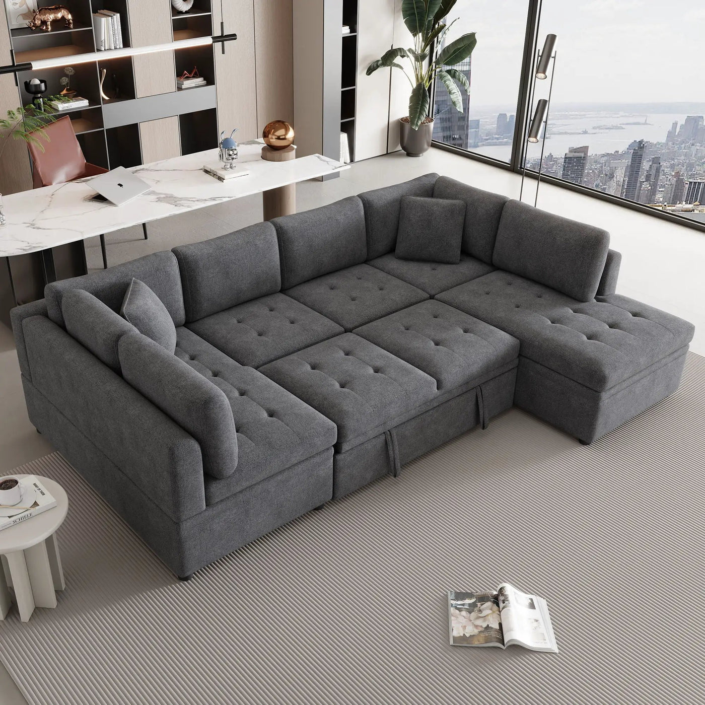Oversized Sectional Sofa U-Shaped Sofa Couch Pull-Out Sofa Bed With Two Throw Pillows For Living Room by Unique Piece Furniture