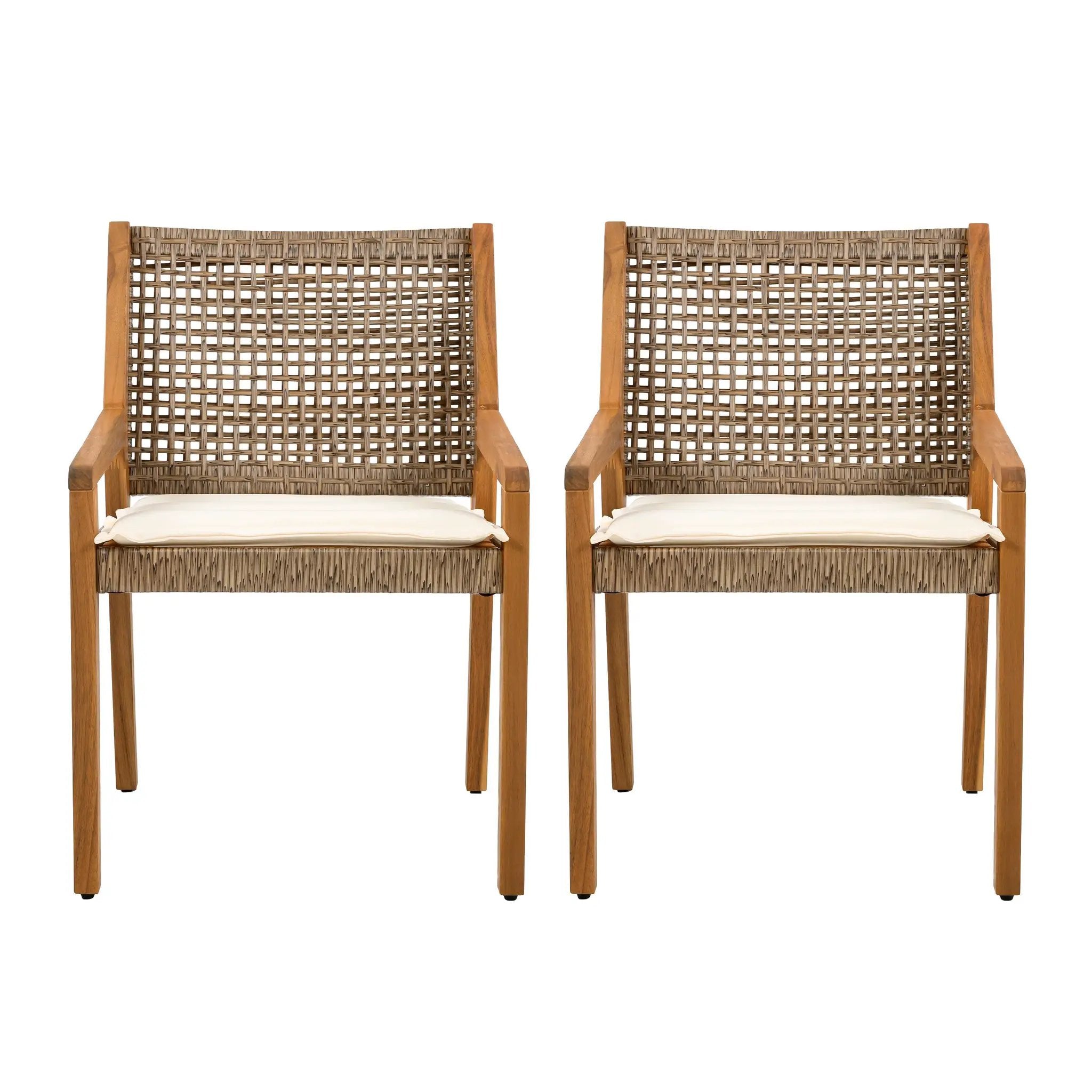 Outdoor Dining Chair Set of 4 - Acacia Wood and Wicker with Cream Cushion by HouseOfZazla