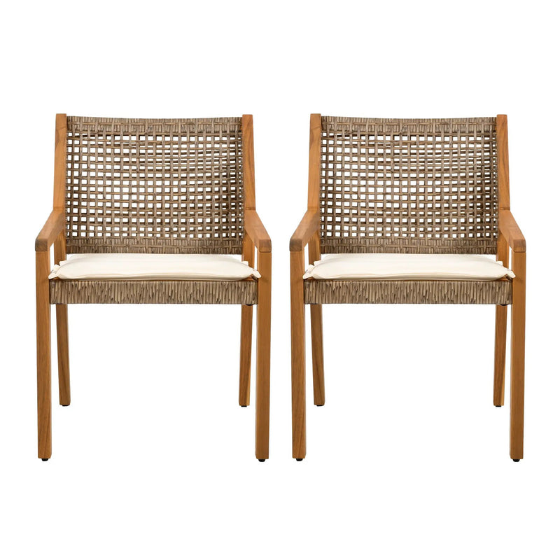 Outdoor Dining Chair Set of 4 - Acacia Wood and Wicker with Cream Cushion by HouseOfZazla