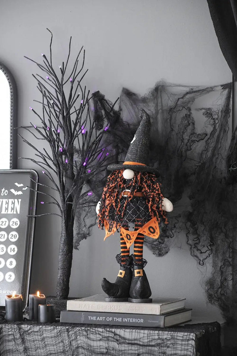 Standing Gnome With Banner & Spring Body, For Halloween Decor - Black / Orange / White by HouseOfZazla