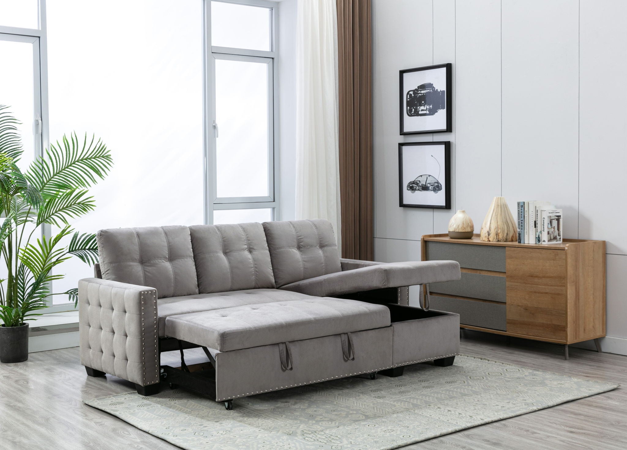 Reversible Sectional Storage Sleeper Sofa Bed, L-Shape 2 Seat Sectional Chaise With Storage, Skin-Feeling Fabric by HouseOfZazla