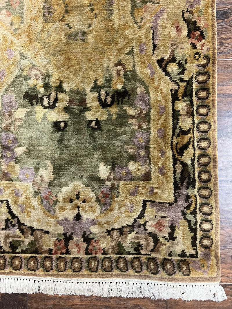 Tibetan Runner Rug 2.6 x 10, French Aubusson Pattern, Gold Olive Green, Vintage Handmade European Design, Wool Hallway Rug by Jewel Rugs