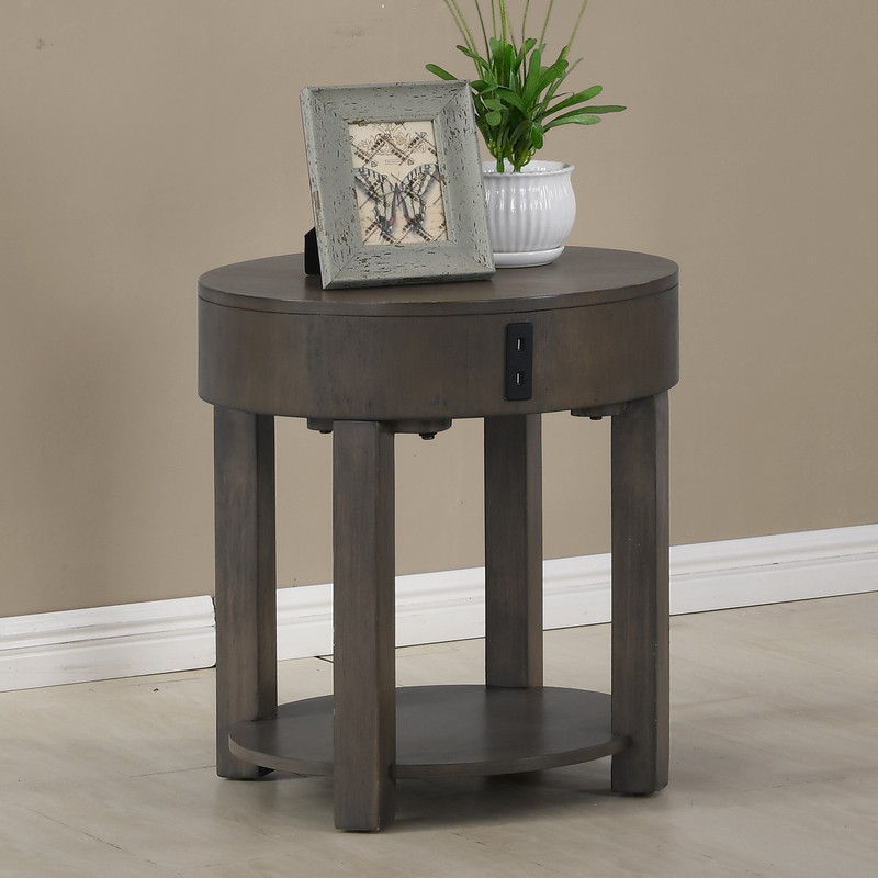 Light Brown MDF End Table with USB Ports - Storage Shelf