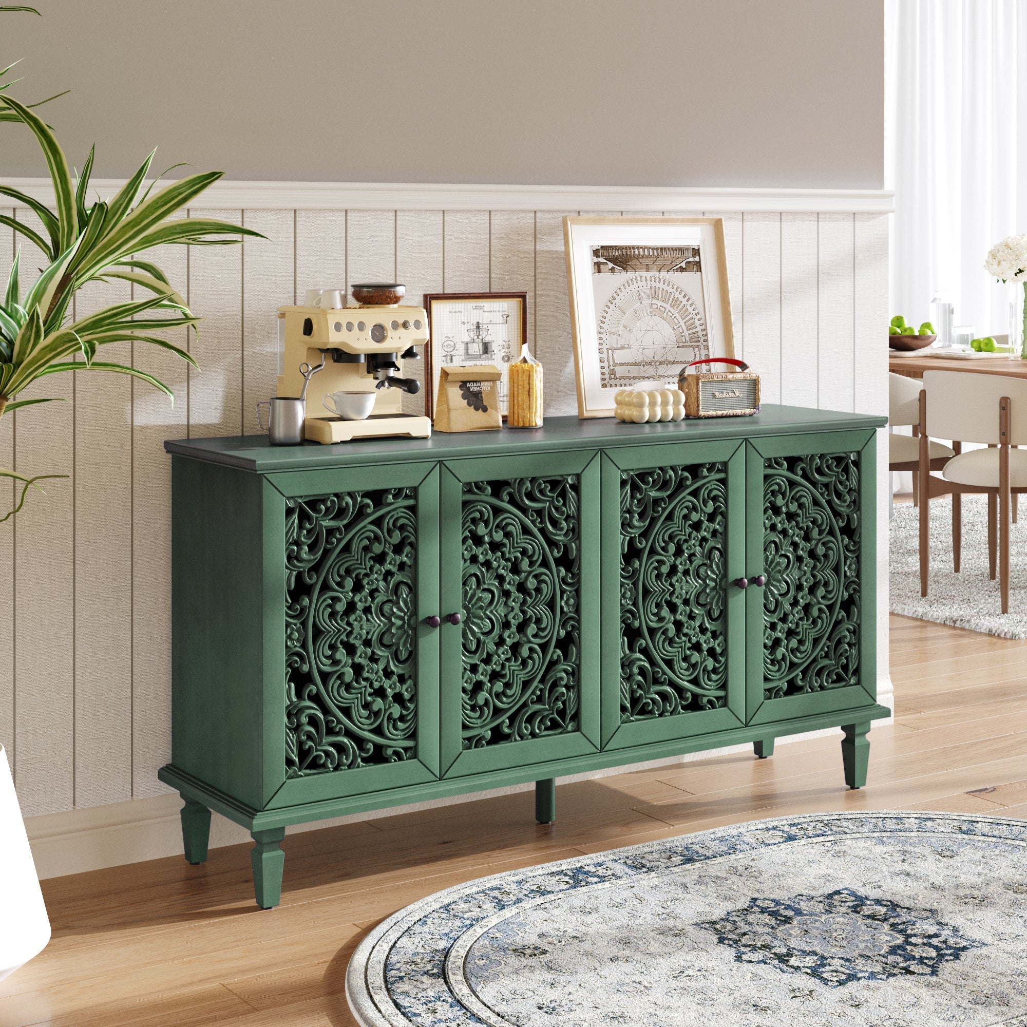 60' Antique Buffet Cabinet with Floral Carvings by HouseOfZazla