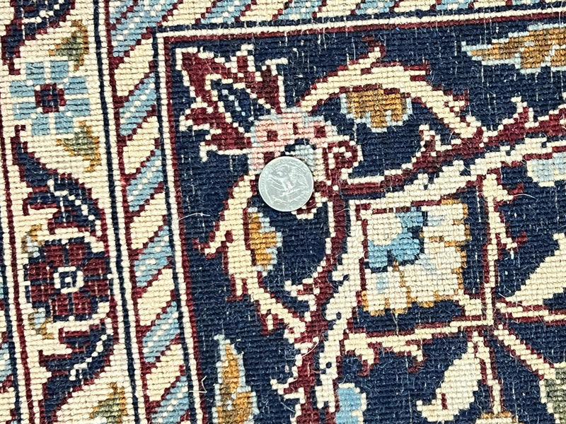 Indo Persian Sarouk Rug 9x12, Floral Allover, Dark Red & Navy Blue, Handmade Vintage Wool Carpet by Jewel Rugs