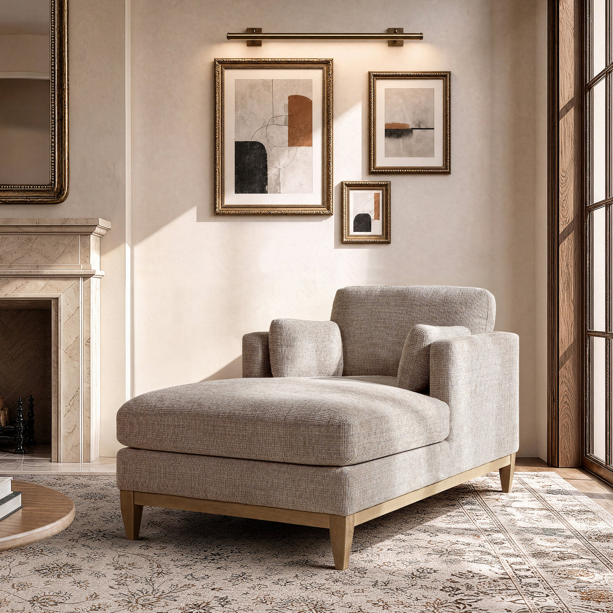 Knox 65" Modern Farmhouse Chaise Lounge Chair with Feather-Down Cushion - Stone