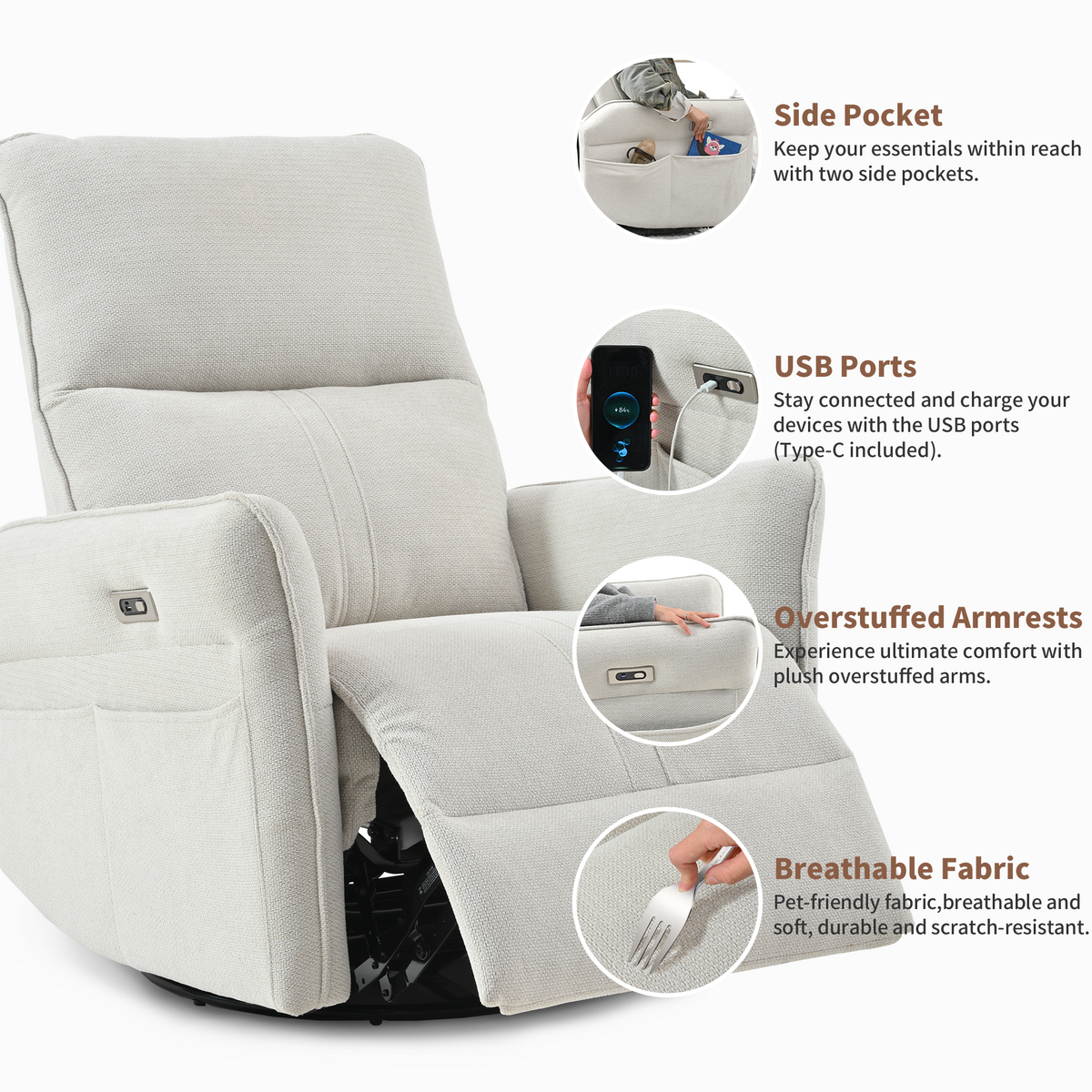 270° Power Swivel Rocker Recliner Chair, Light Gray by HouseOfZazla