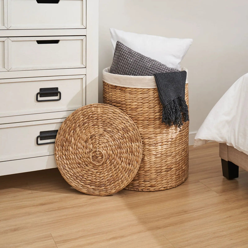 Round Tall Water Hyacinth Woven Wicker Laundry Hamper With Lid - For Clothes, Toys And Book Storage With Removable Liner - 15" X 15" X 20" - Natural Brown by HouseOfZazla