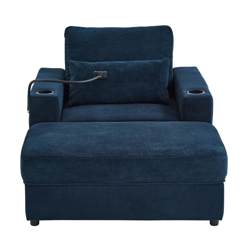 Modern Style Armchair Chaise Lounge Sofa Couch With Movable Storage Ottoman, USB Ports, Cup Holders, Phone Holder, Side Pockets by HouseOfZazla