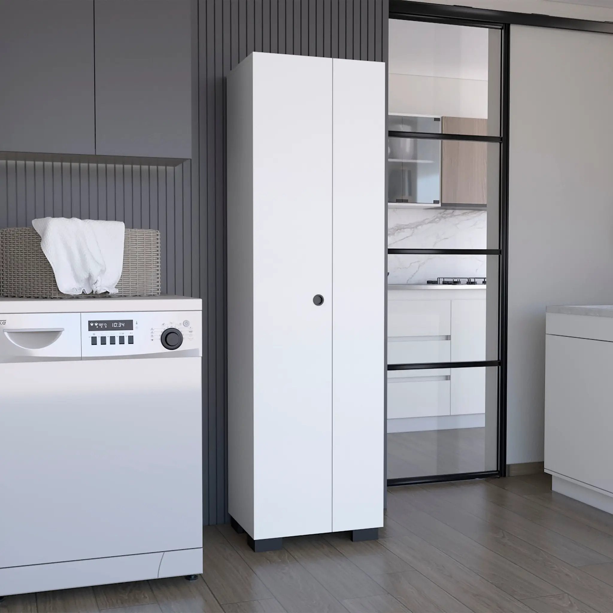 Attica Broom Cabinet Double-Door Design with Inner Shelves and Side Hangers by HouseOfZazla