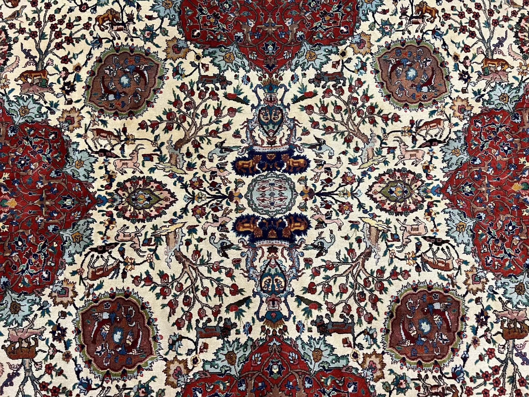 Wonderful Sino Persian Rug 6x10 with Animal Pictorial Motifs, Cream Dark Red Navy Blue, Birds Gazelles, Two Medallions, Top Quality Handmade by Jewel Rugs