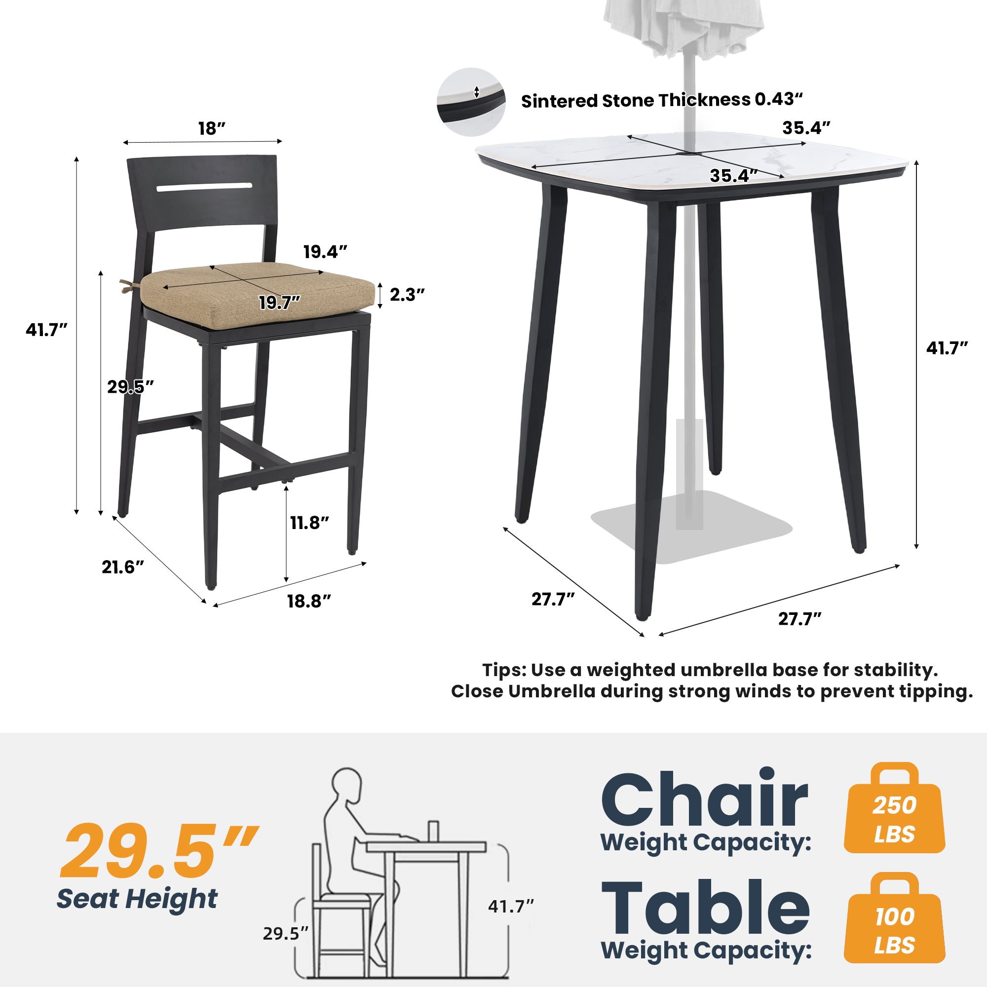 5 Pieces Outdoor Patio Bar Set, Rounded Square Table & 4 Aluminum Bar Stools by HouseOfZazla