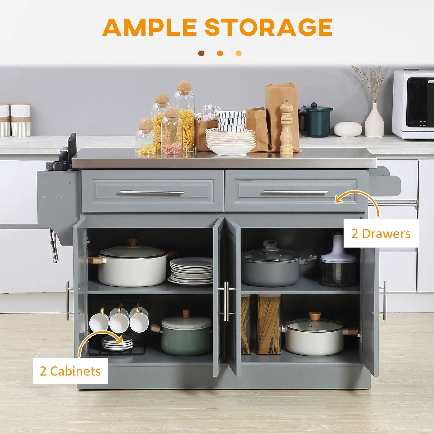 Homcom - Rolling Kitchen Island With Storage, Portable Kitchen Cart With Stainless Steel Top, 2 Drawers, Spice, Knife And Towel Rack And Cabinets by HouseOfZazla